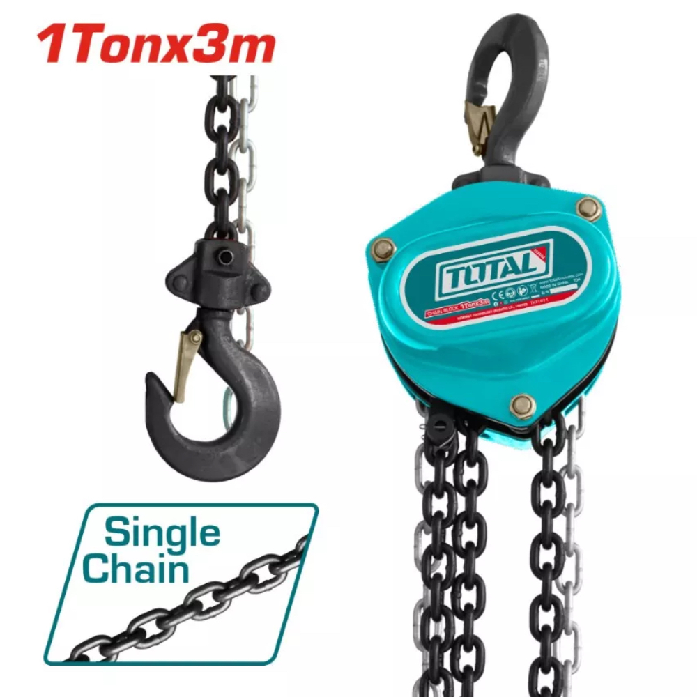 200223108004 — Totaltools Blue Total lifting hoist with chain and hook, labeled '1Tonx3m' and 'Single Chain' for 1-ton capacity over 3 meters