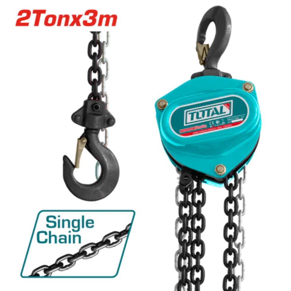 2-ton, 3-meter single-chain manual hoist with a teal upper housing and long chains for lifting loads