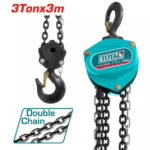 Blue Total-brand electric chain hoist with large hook and dual chains, shown with a close-up hook and a double-chain graphic labeled 'Double Chain'