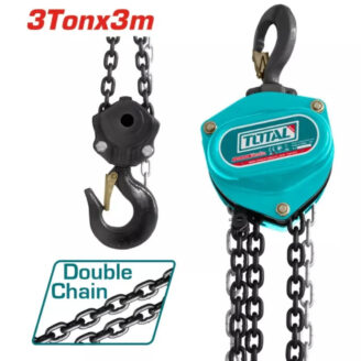 Blue Total-brand electric chain hoist with large hook and dual chains, shown with a close-up hook and a double-chain graphic labeled 'Double Chain'