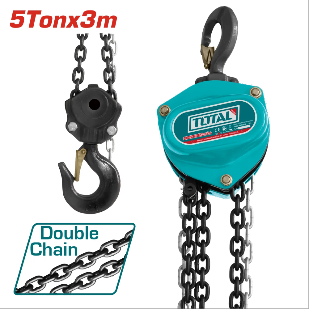 Blue manual chain hoist with dual chains and a large lifting hook; labeled 5Tonx3m for capacity and reach; shows a double-chain design.