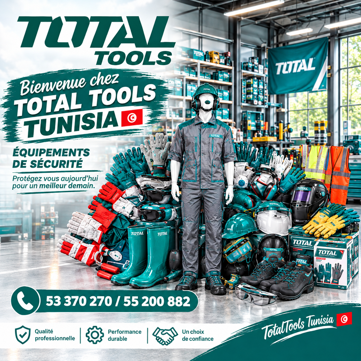 Promotional banner for Total Tools Tunisia featuring a mannequin in workwear surrounded by PPE gear and tools in a workshop.