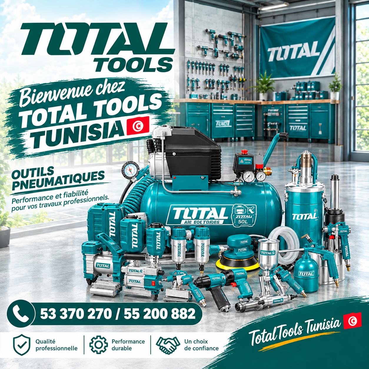 Promotional banner for Total Tools Tunisia showing a teal tool set and large logo with French text and Tunisian flag. (informative)