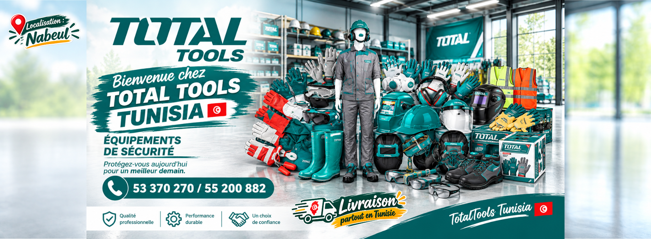 5 Promotional Total Tools Tunisia banner showing a showroom display of safety gear and tools around a mannequin.