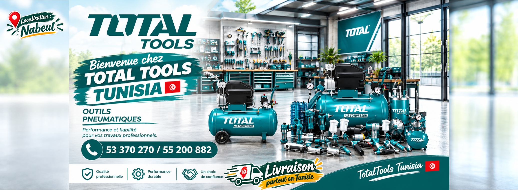 6 Promotional banner for Total Tools Tunisia showing teal air compressors and a tools-filled workshop interior, with branding and Tunisian flag.