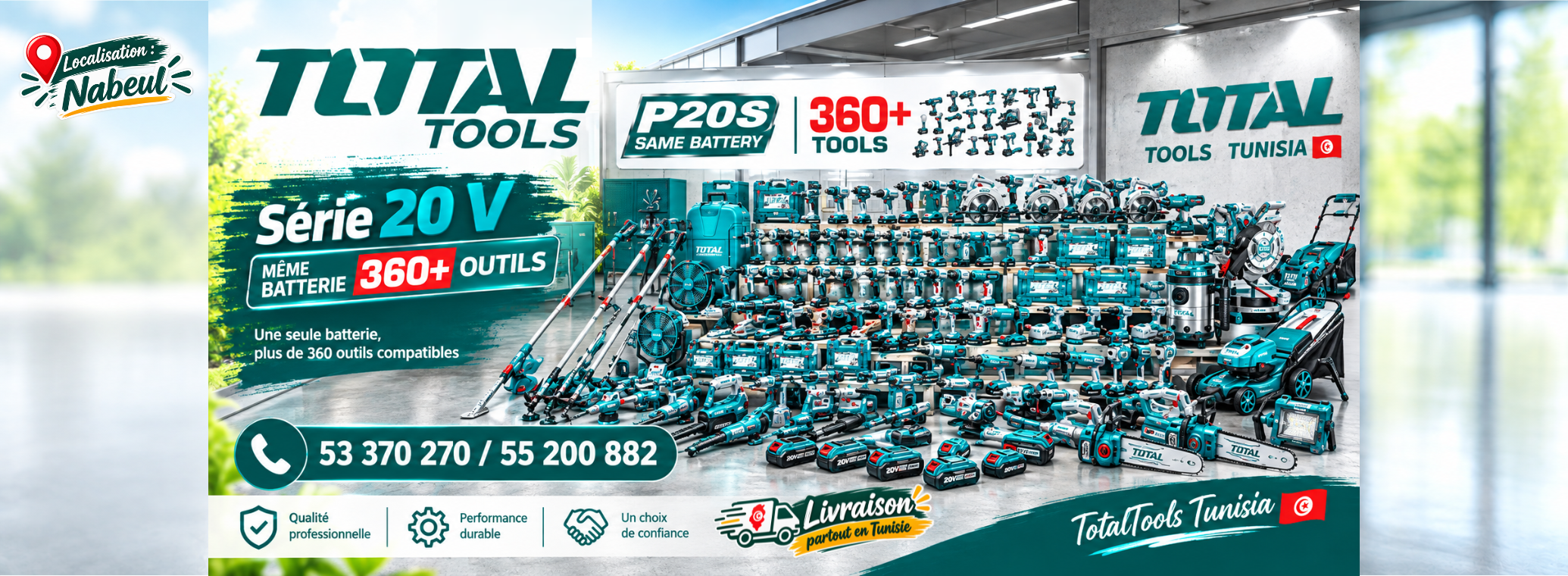 7 Promotional banner for Total Tools Tunisia showing 360+ teal tools and a 20V battery range on display with contact numbers included