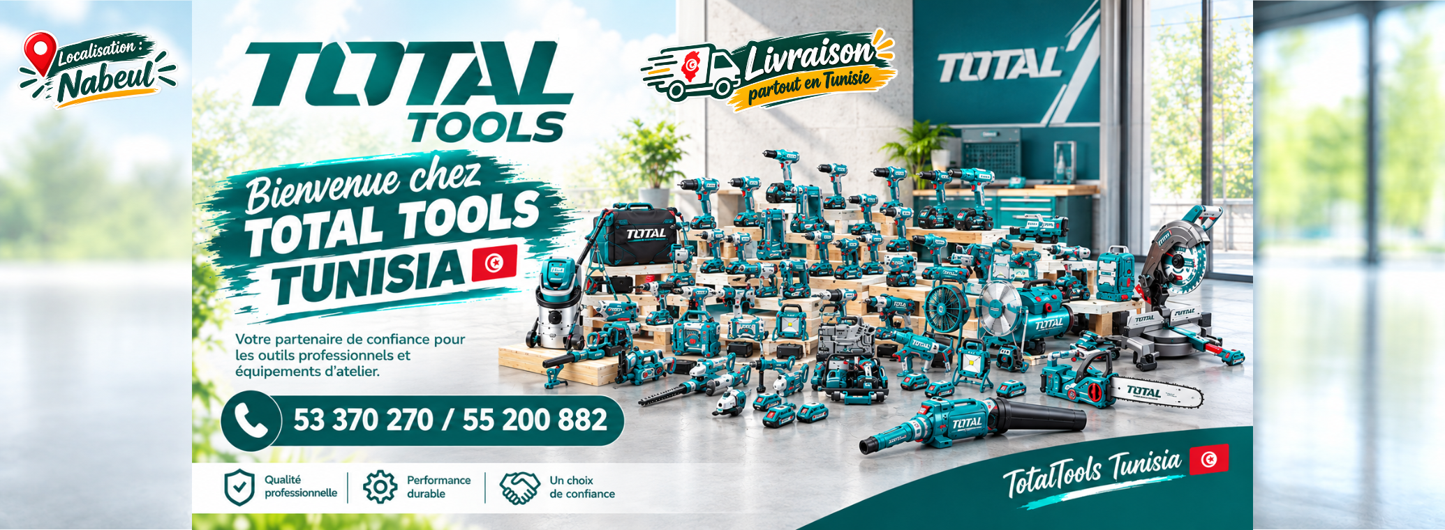 9 Promotional banner for Total Tools Tunisia showing a large display of teal power tools and the Tunisian flag icon.