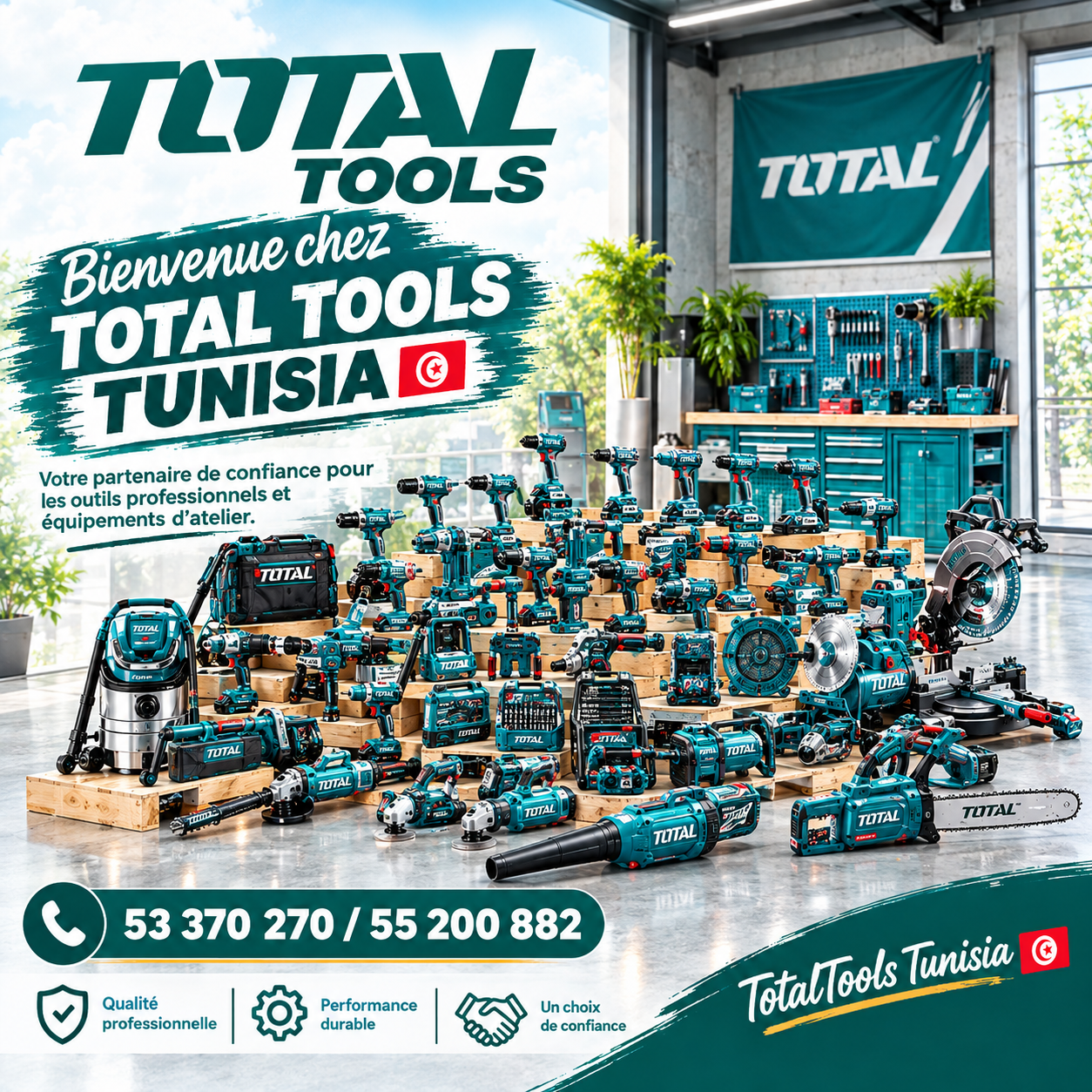 Promotional banner for Total Tools Tunisia showing a showroom full of teal power tools arranged on wooden pallets and a large welcome text in French.