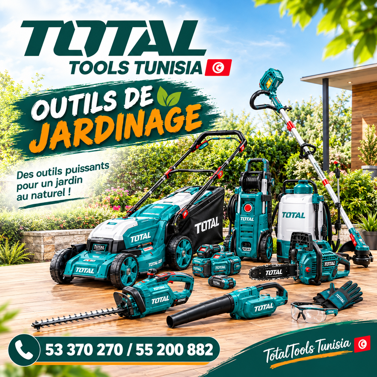 Promotional banner for Total Tools Tunisia showing a full set of turquoise garden tools (lawn mower, trimmer, blower) on a wooden deck with plants and a house in the background, advertising gardening tools in French and with a phone number.