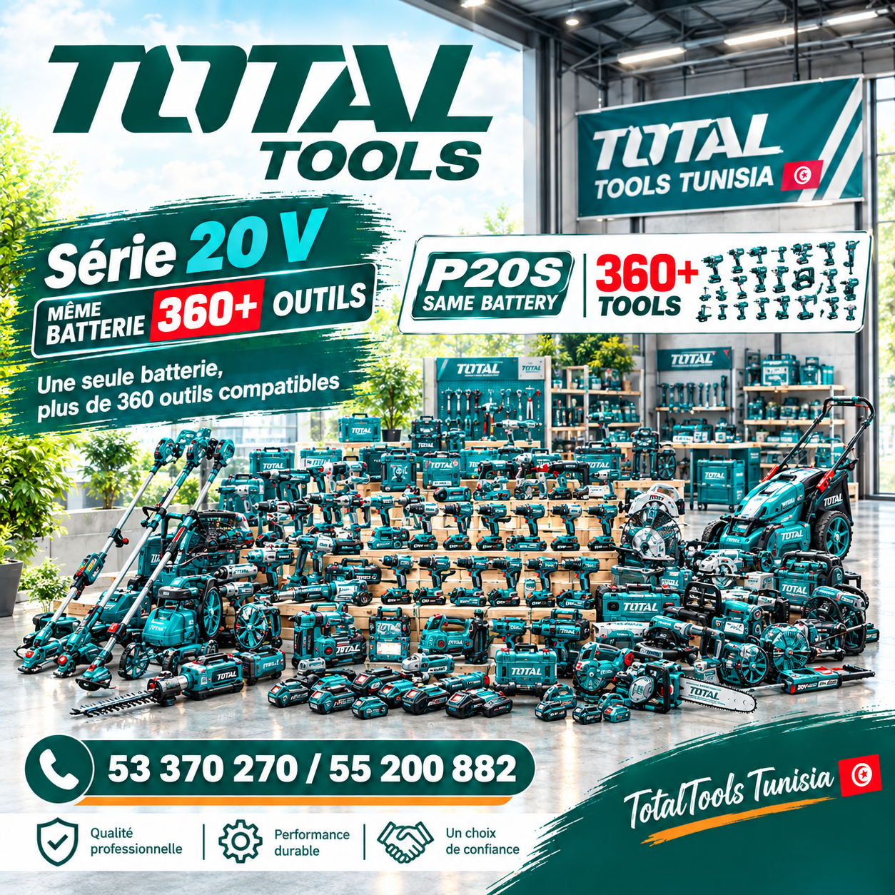 Total Tools Tunisia promotional display with hundreds of teal cordless tools and large banners advertising the 20V series and 360+ tools access.